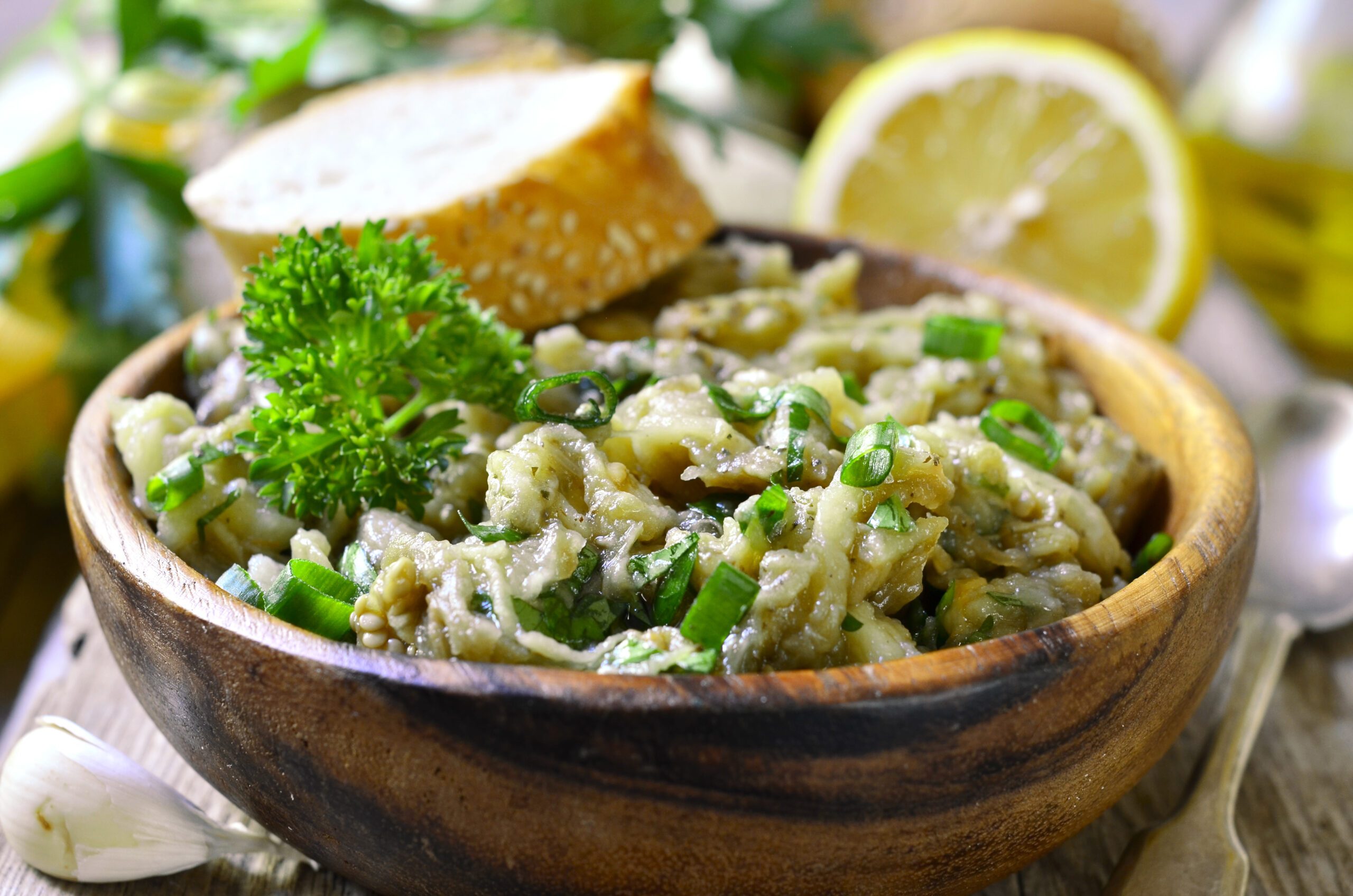 Eggplant salad with olive oil, herbs, and garlic