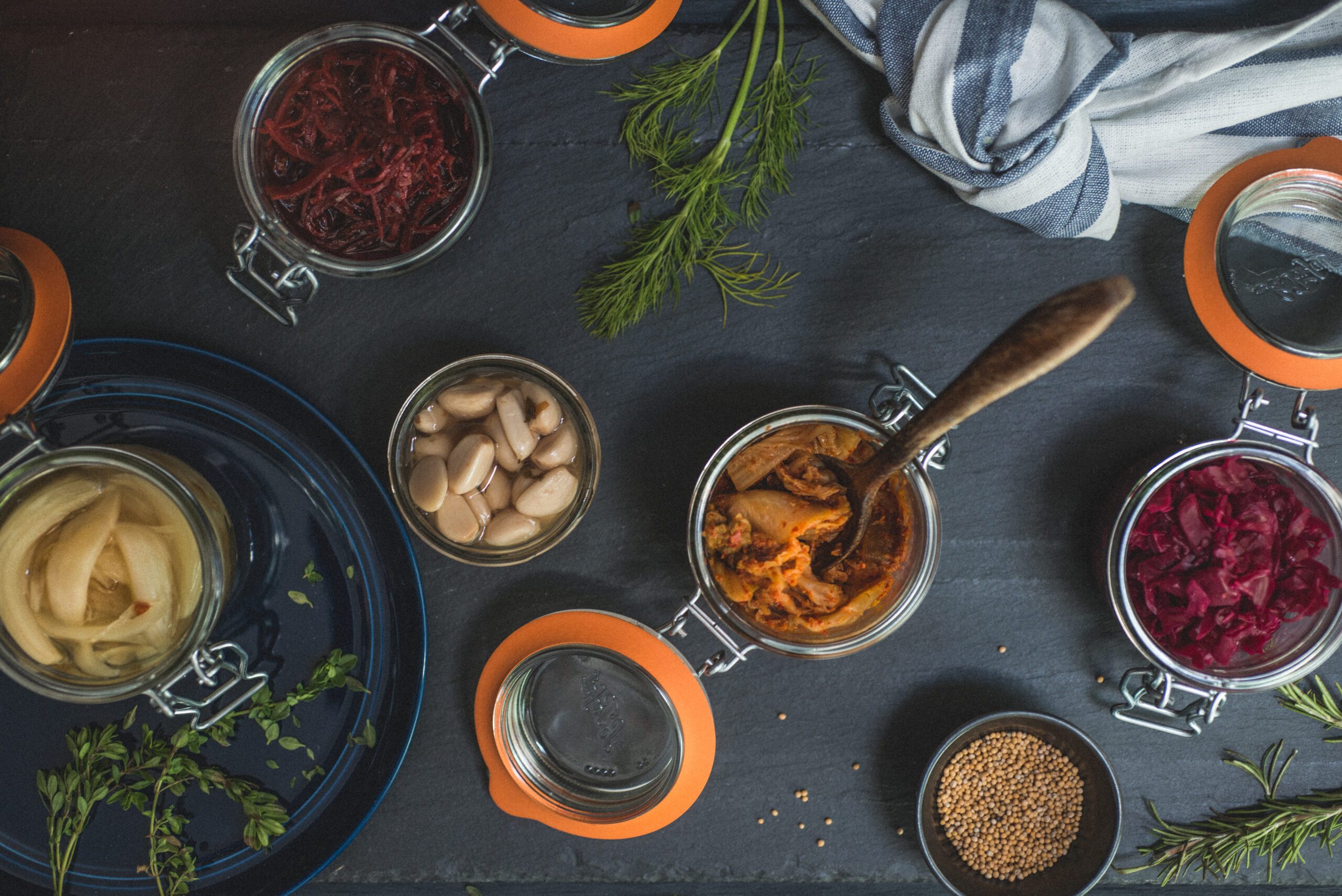 Various fermented foods in jars