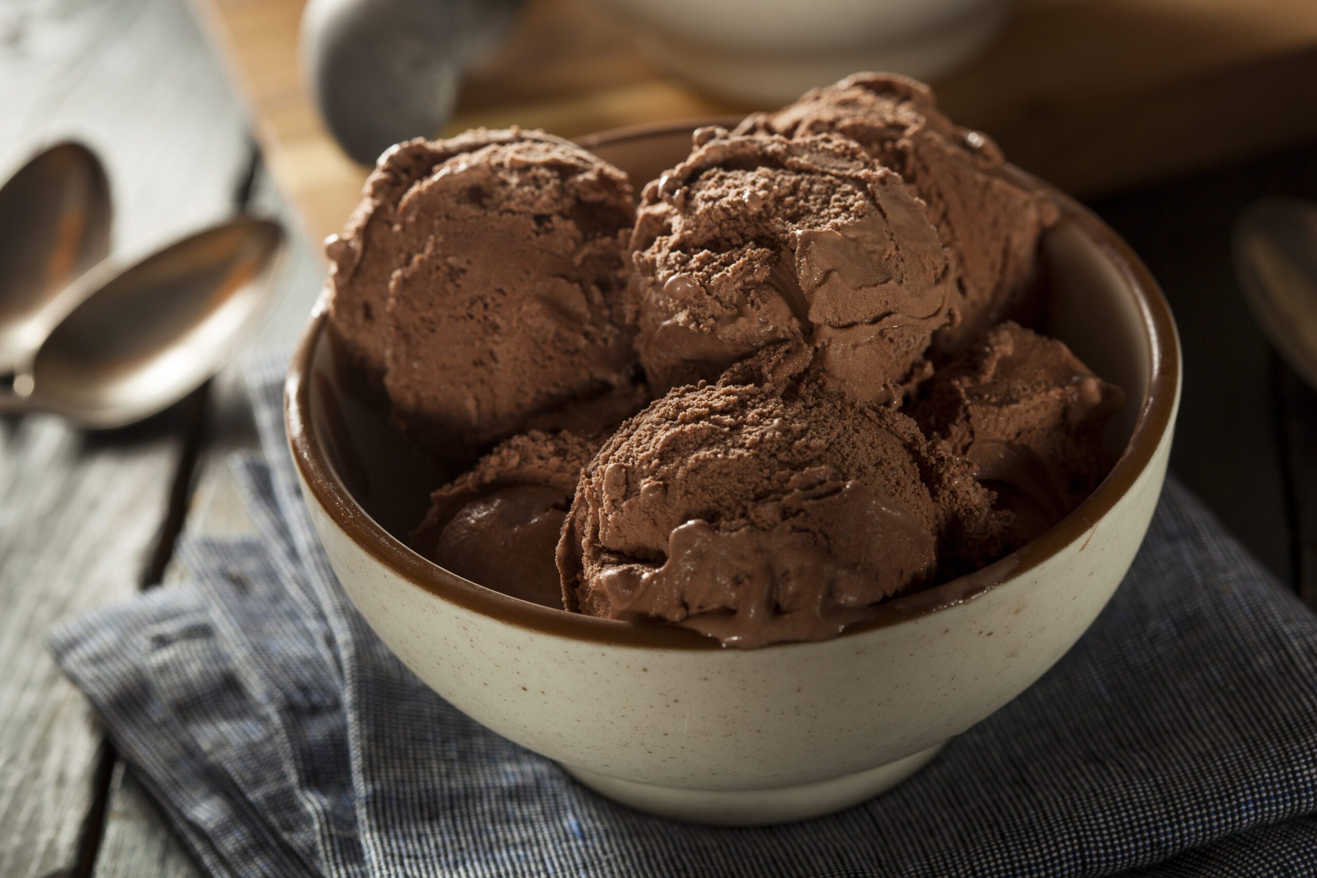 Homemade dark chocolate ice cream in a bowl