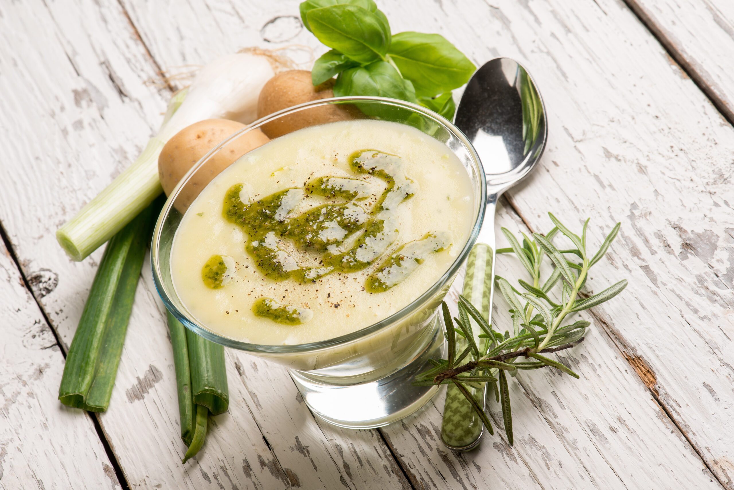 Potato cream soup with pesto