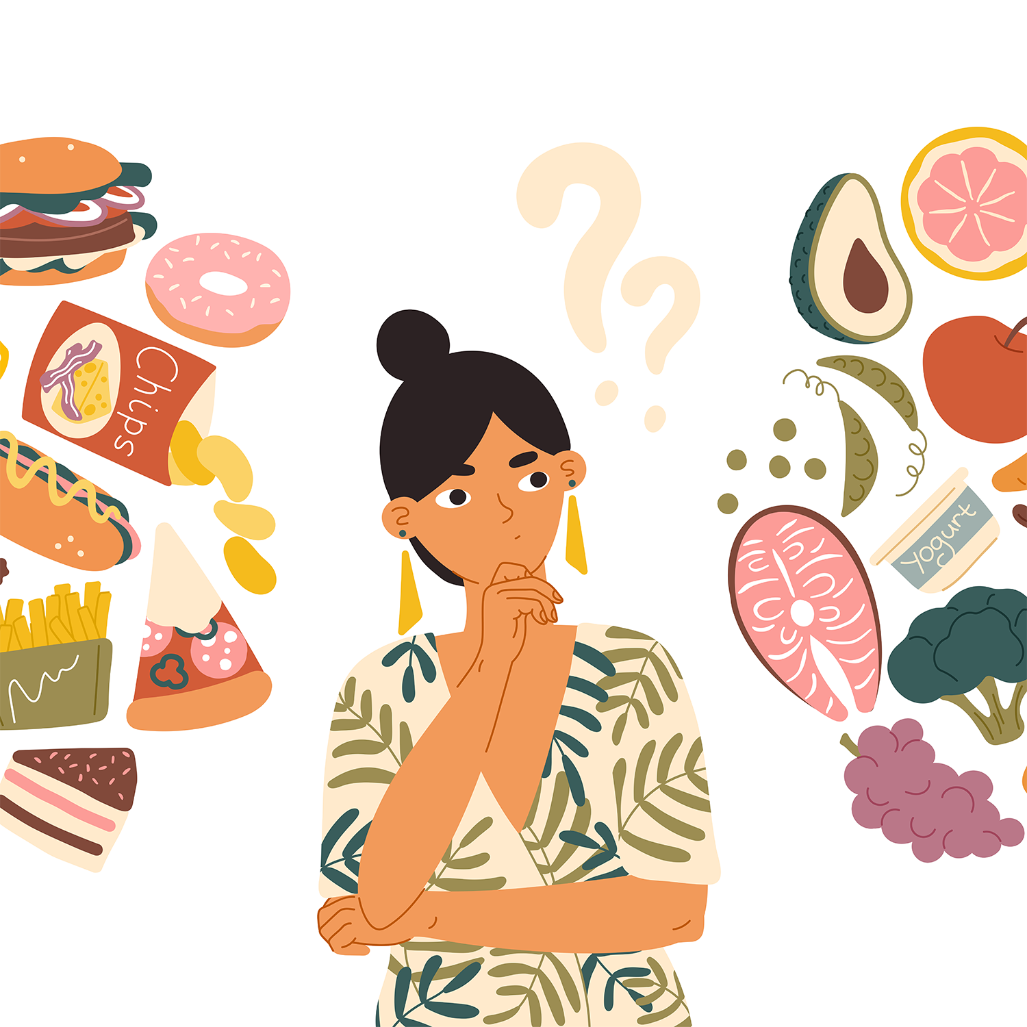 Illustration of a woman contemplating a food selection