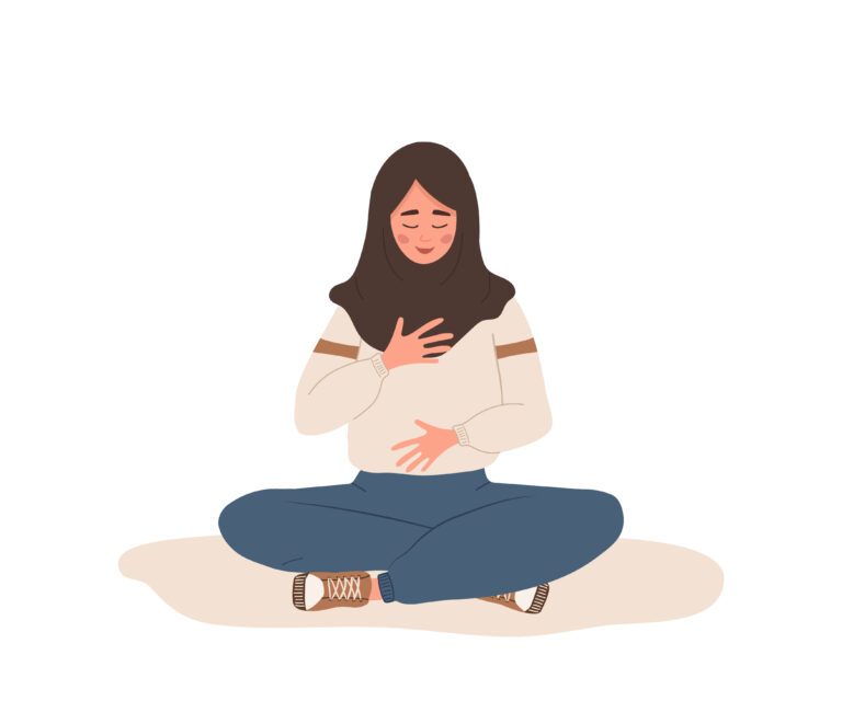 Abdominal breathing. Arab woman practicing belly breathing for relaxation. Breath awareness yoga exercise. Meditation for body, mind and emotions. Spiritual practice. Flat cartoon vector illustration.