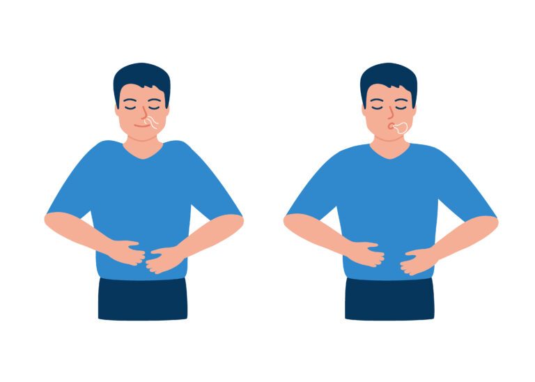 Man is doing breathing exercise, deep breath, exhale and inhale. Breathing exercise. Healthy yoga and relaxation. Vector
