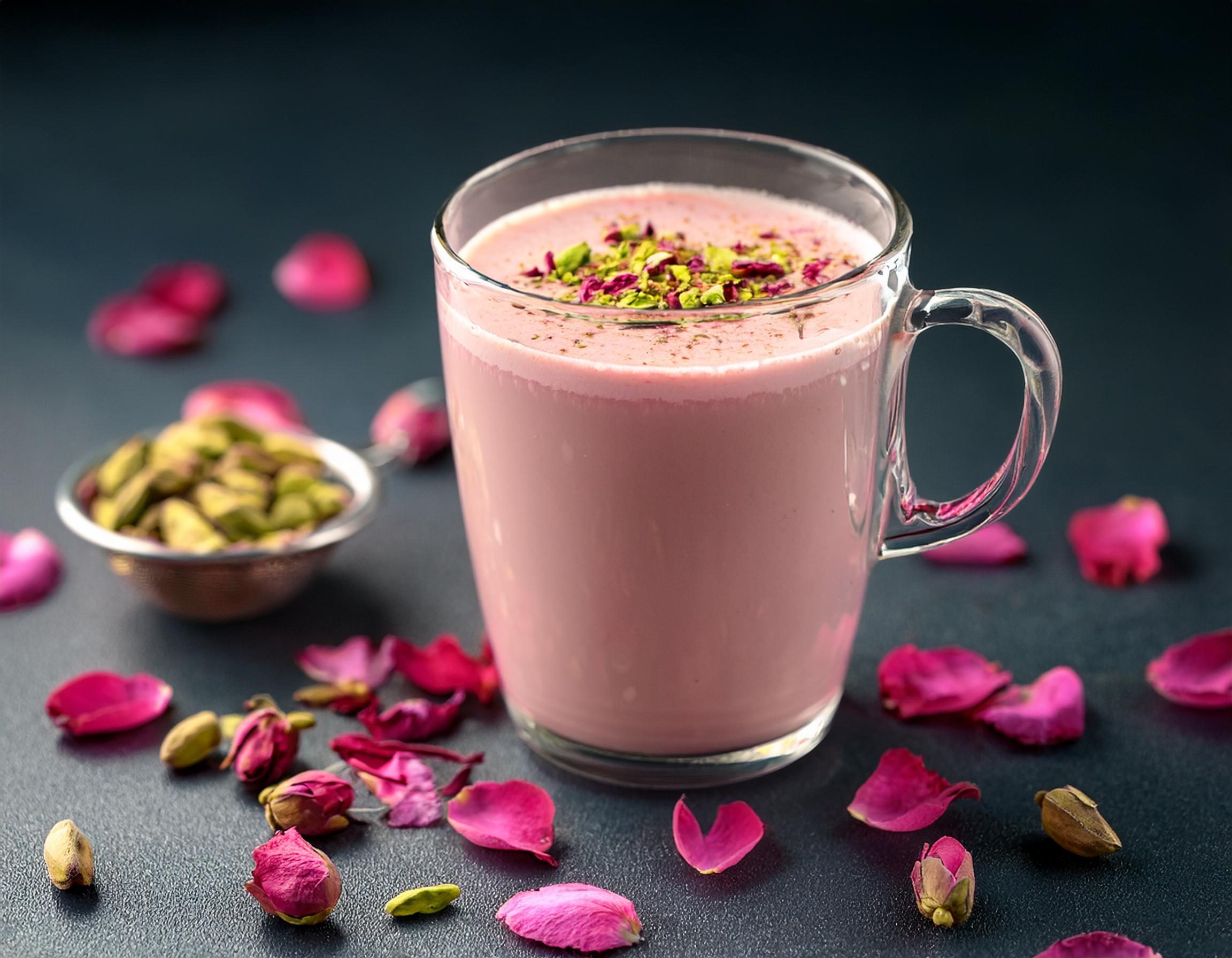 pink tea garnished with crushed pistachios and rose petals