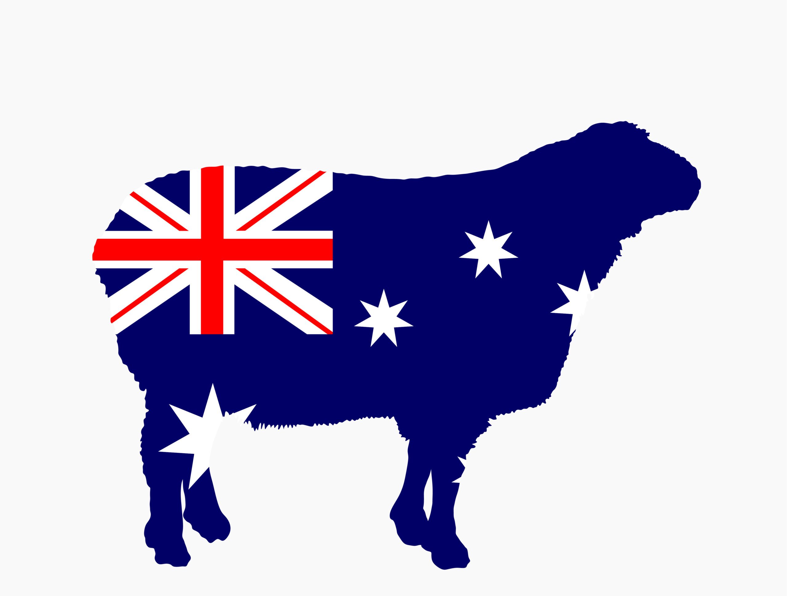 Australia flag sheep vector silhouette illustration isolated. Lamb meat butcher shop emblem. Craft food restaurant. Domestic farm animal symbol. Organic food producer national industry export.