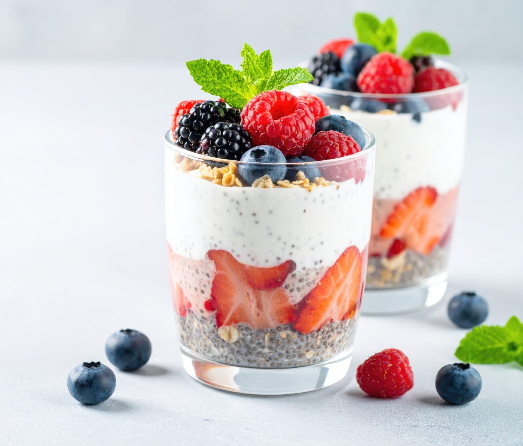 Two glasses showcasing layered healthy dessert with chia seeds, yogurt, fresh berries, and granola, topped with mint sprigs, on a bright surface