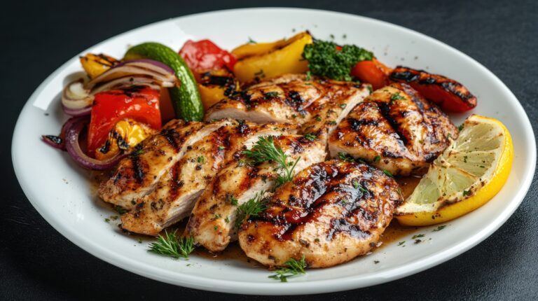 plate of grilled chicken with vegetables on a dark background top view . --ar 16:9 --v 6.1 Job ID: 4e59b39d-3d06-4981-a546-88b4cb1fee55