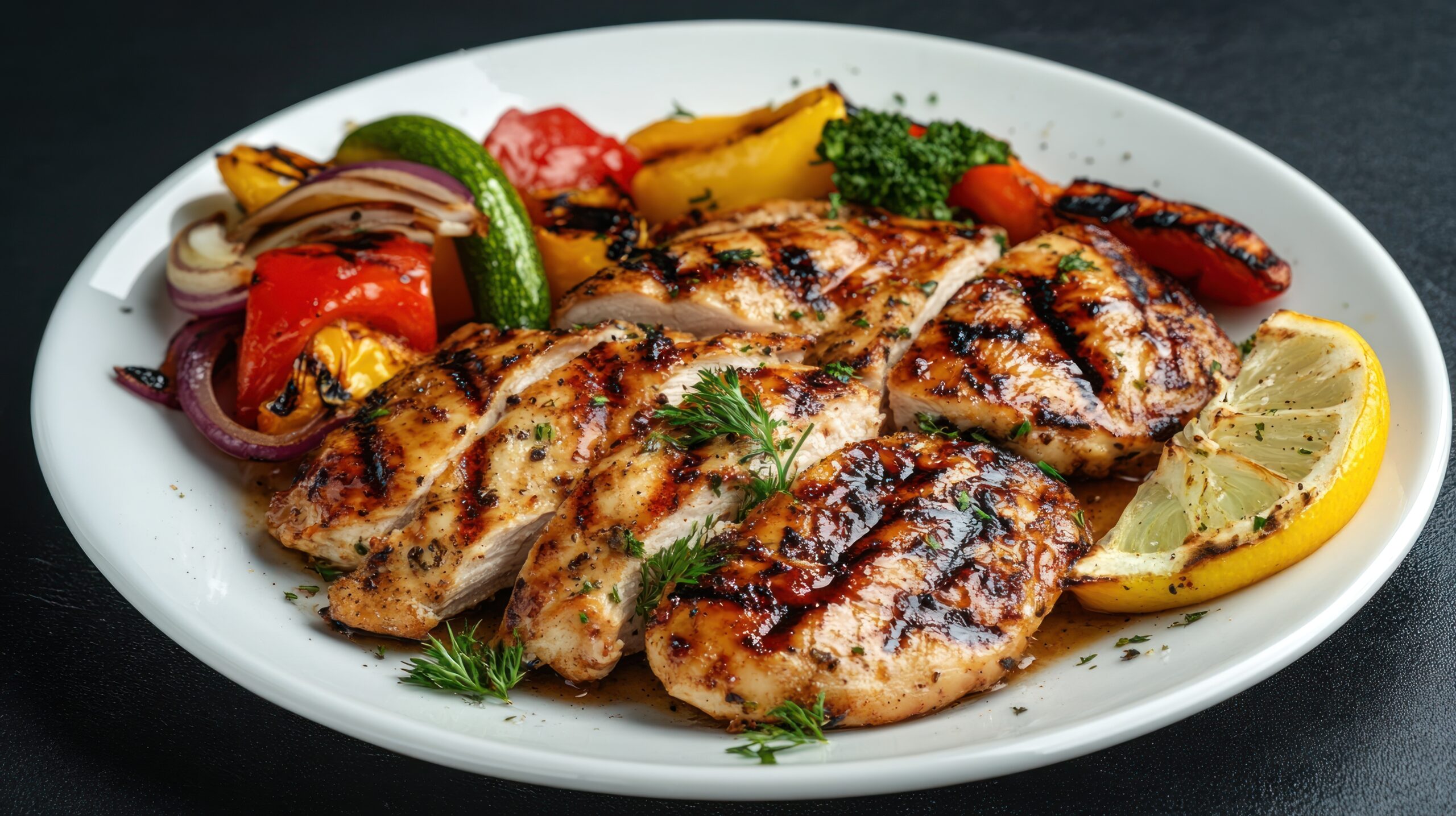plate of grilled chicken with vegetables on a dark background top view . --ar 16:9 --v 6.1 Job ID: 4e59b39d-3d06-4981-a546-88b4cb1fee55